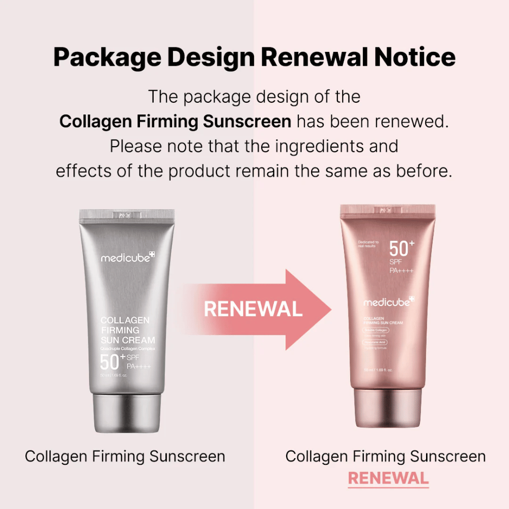 Medicube Collagen Firming Sunscreen je dobil nov dizajn embalaže – iz srebrne tube v roza-zlato, z enakimi sestavinami in učinkom kot prej.