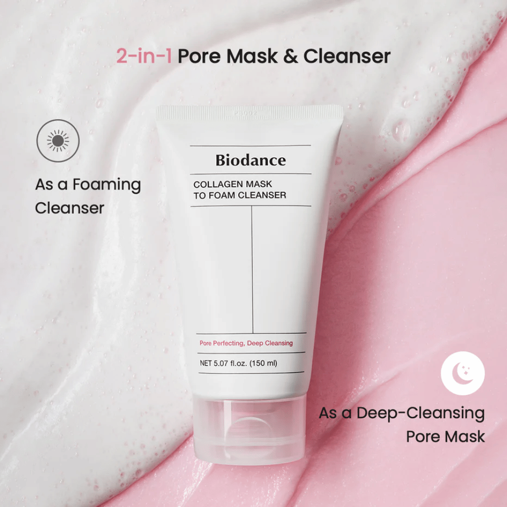 Slika Biodance Collagen Mask to Foam Cleanser, postavljena na roza in belo teksturo čiščenja. Izdelek je opisan kot 2-v-1 maska za čiščenje por in penilno čiščenje.