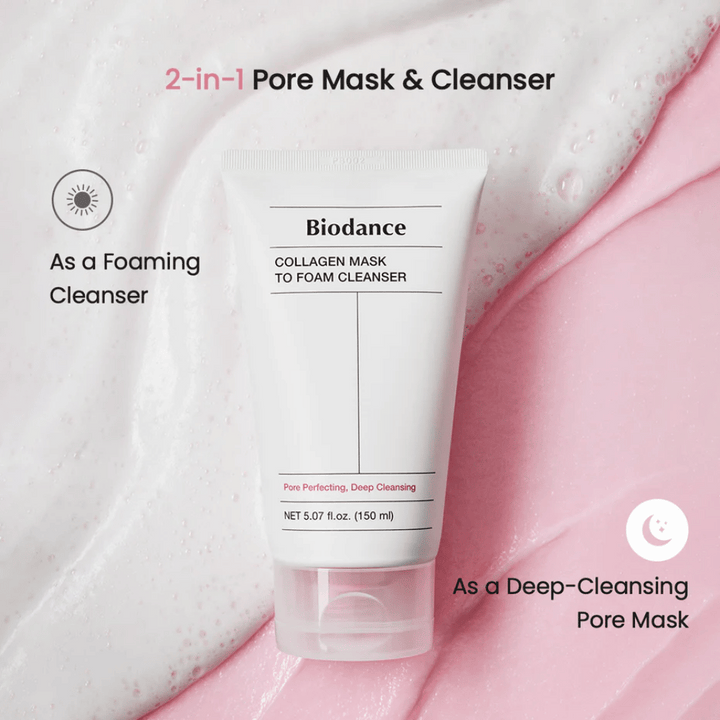 Slika Biodance Collagen Mask to Foam Cleanser, postavljena na roza in belo teksturo čiščenja. Izdelek je opisan kot 2-v-1 maska za čiščenje por in penilno čiščenje.