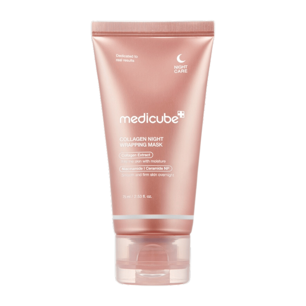 Medicube Collagen Night Wrapping Mask, nočna maska s kolagenskim ekstraktom, ki čez noč vlaži in krepi kožo. Vsebuje niacinamid in ceramid NP za bolj gladko in čvrsto kožo. Vsebina: 75 ml.