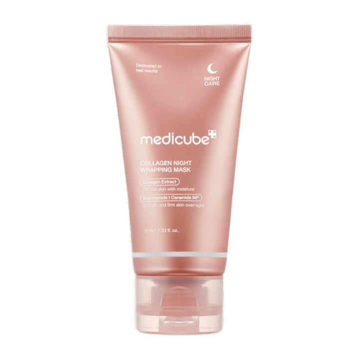 Medicube Collagen Night Wrapping Mask, nočna maska s kolagenskim ekstraktom, ki čez noč vlaži in krepi kožo. Vsebuje niacinamid in ceramid NP za bolj gladko in čvrsto kožo. Vsebina: 75 ml.