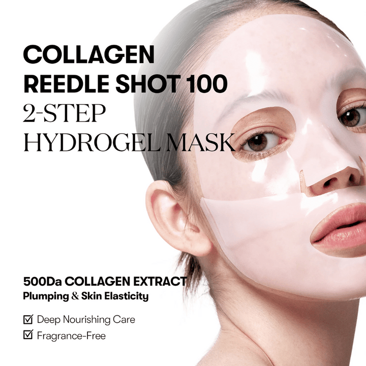 Približan posnetek ženske, ki nosi prozorno 2-stopenjsko hidrogelno masko. Besedilo na sliki promovira "Collagen Reedle Shot 100" s 500Da kolagenskim ekstraktom za elastičnost kože, ter poudarja, da je izdelek brez vonja in zagotavlja globoko hranjenje.