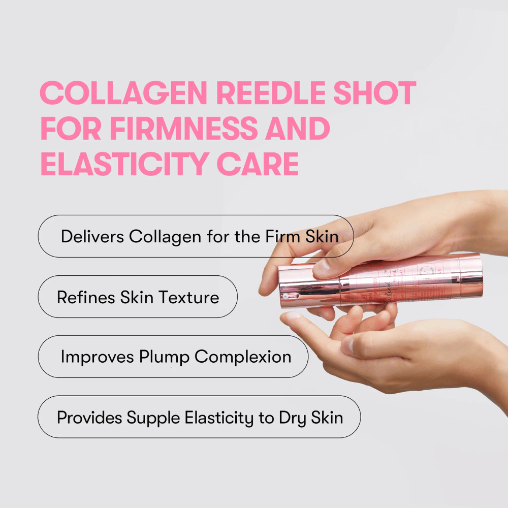 Oseba drži VT Collagen Reedle Shot 100. Serum krepi čvrstost kože, izboljšuje teksturo in daje bogato elastičnost.