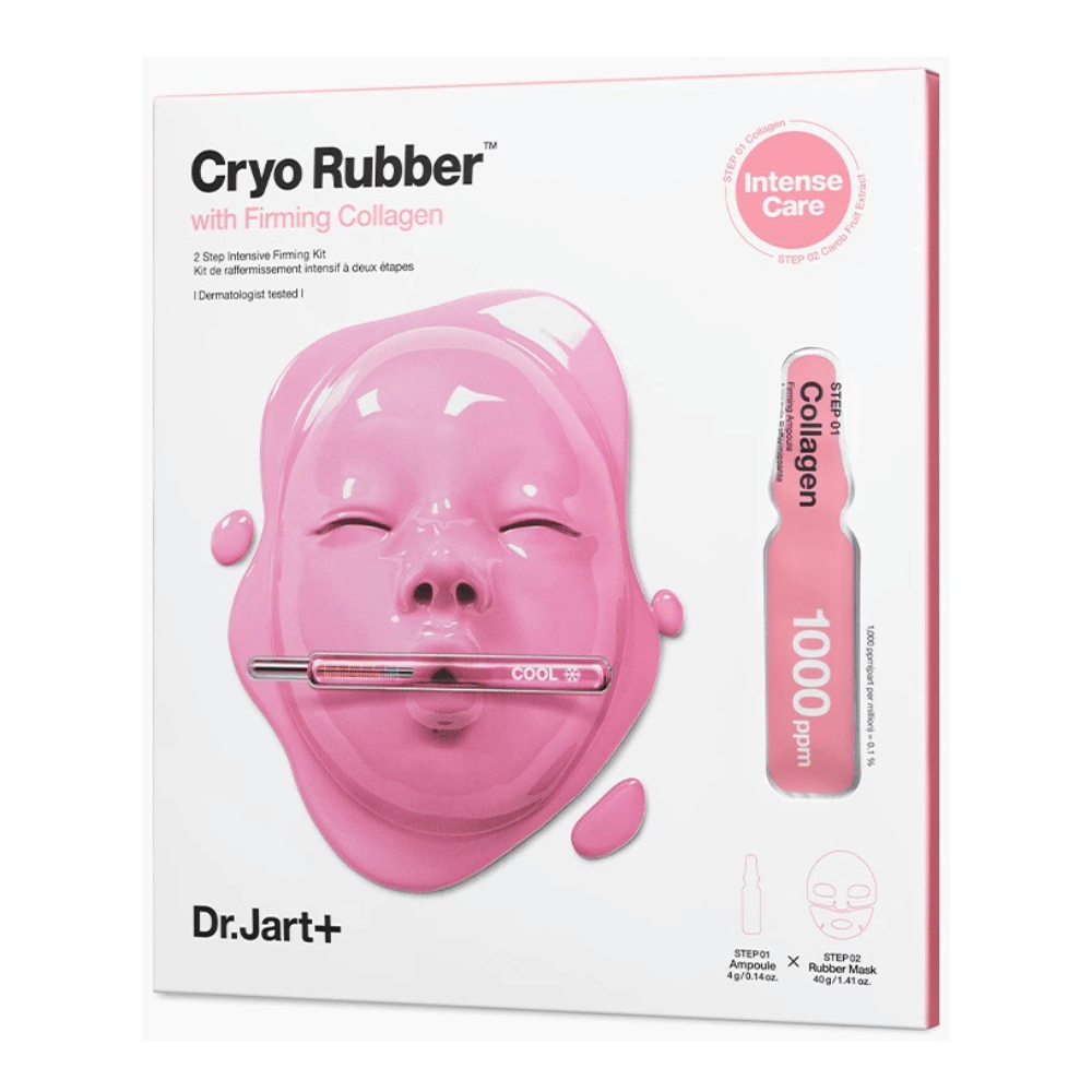 Slika Dr.Jart+'s Cryo Rubber™ s kolagenom za učvrstitev prikazuje roza obrazno masko in opis vsebine.