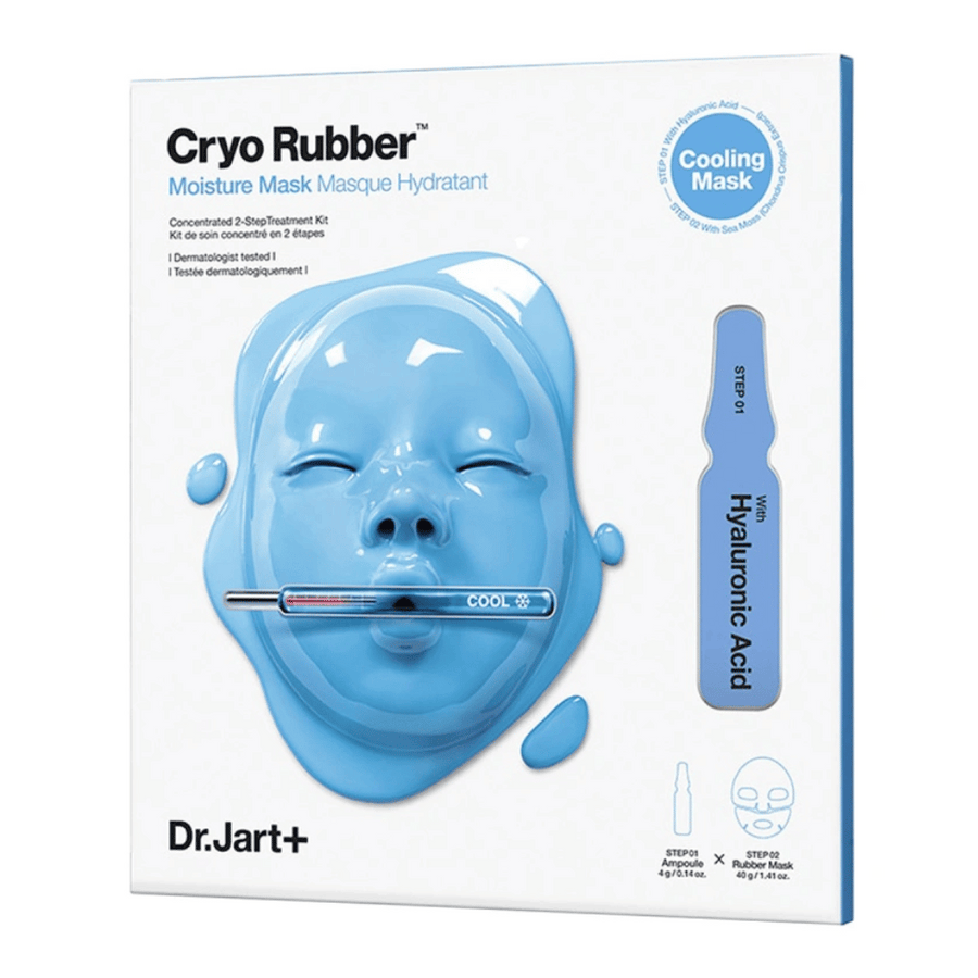 Embalaža Dr.Jart+ Cryo Rubber Moisture Mask z modro masko za obraz in ampulo s hialuronsko kislino, označeno kot "Cooling Mask" in vodnik za uporabo po korakih.