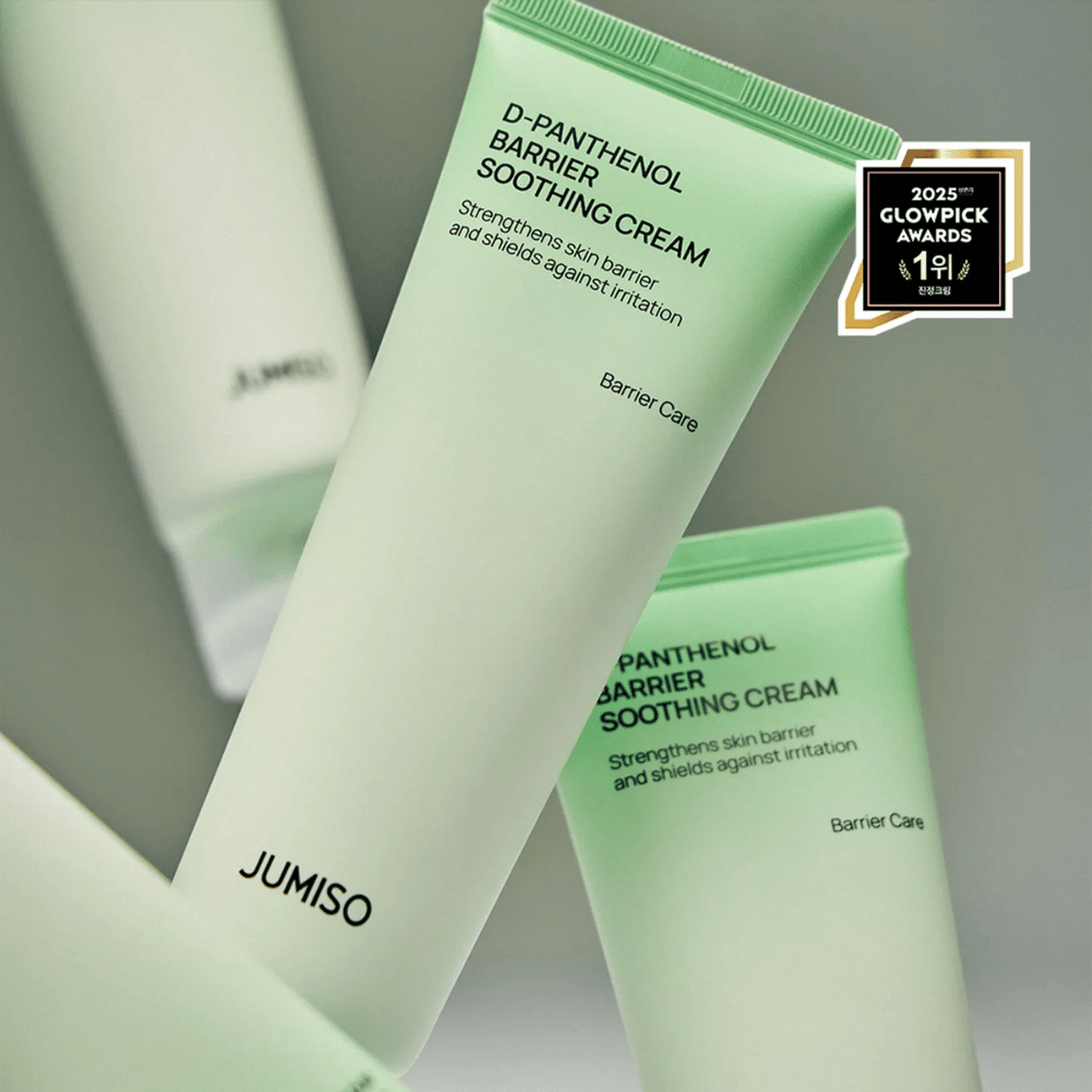 Povečana slika Jumiso D-Panthenol Barrier Soothing Cream v zeleni tubi, zmagovalka Glowpick Awards 2025.
