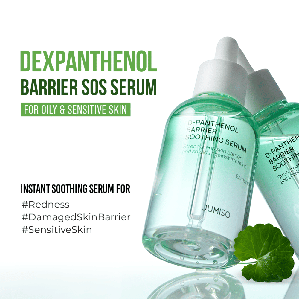 Slika izdelka Jumiso D-Panthenol Barrier Soothing Serum s tekstom o SOS učinku za občutljivo kožo, rdečico in poškodovano kožno pregrado.
