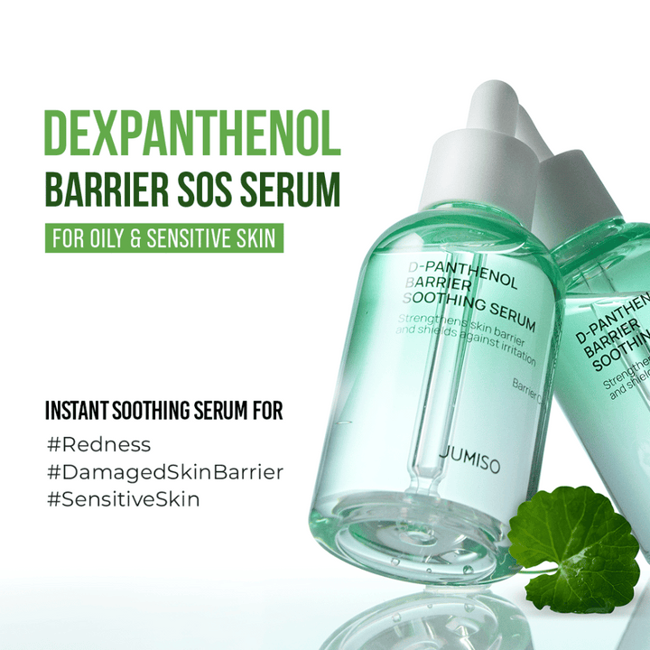 Slika izdelka Jumiso D-Panthenol Barrier Soothing Serum s tekstom o SOS učinku za občutljivo kožo, rdečico in poškodovano kožno pregrado.