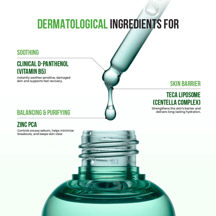 Bližnji posnetek pipete s kapljajočim serumom, označene sestavine kot so D-Panthenol, Zinc PCA in Centella Complex za kožno pregrado in vlaženje.