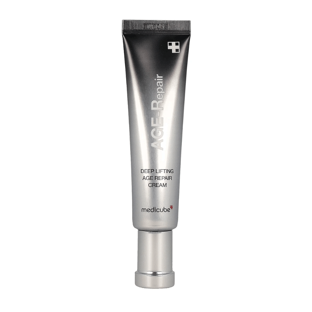 Slika izdelka Medicube Deep Lifting Age Repair Cream v srebrni tubi na beli podlagi.
