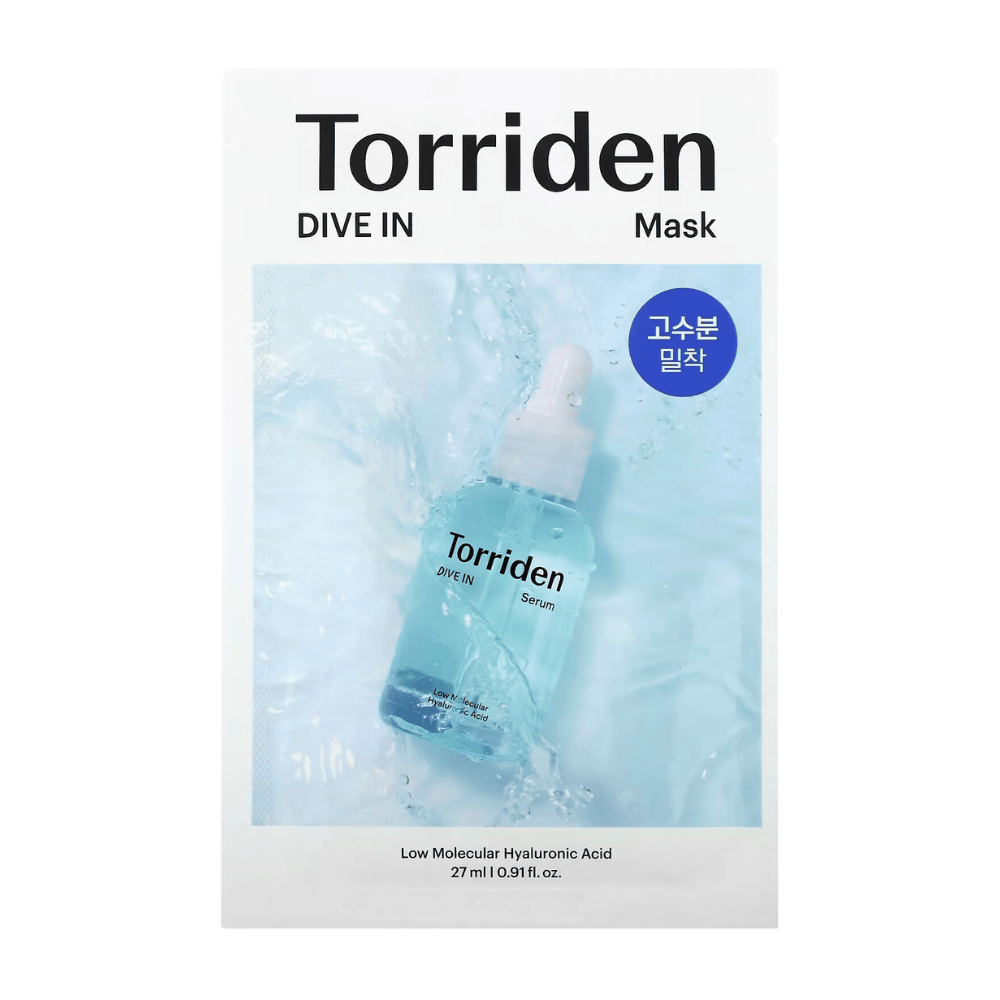 Embalaža "Torriden Dive In Mask" s hialuronsko kislino, vodno ozadje.
