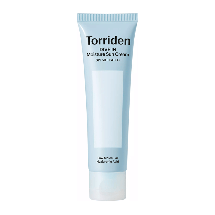 Torriden DIVE-IN Moisture Sun Cream SPF50+ PA++++ slika izdelka na belem ozadju z nizkomolekularno hialuronsko kislino za intenzivno vlaženje in UV-zaščito.