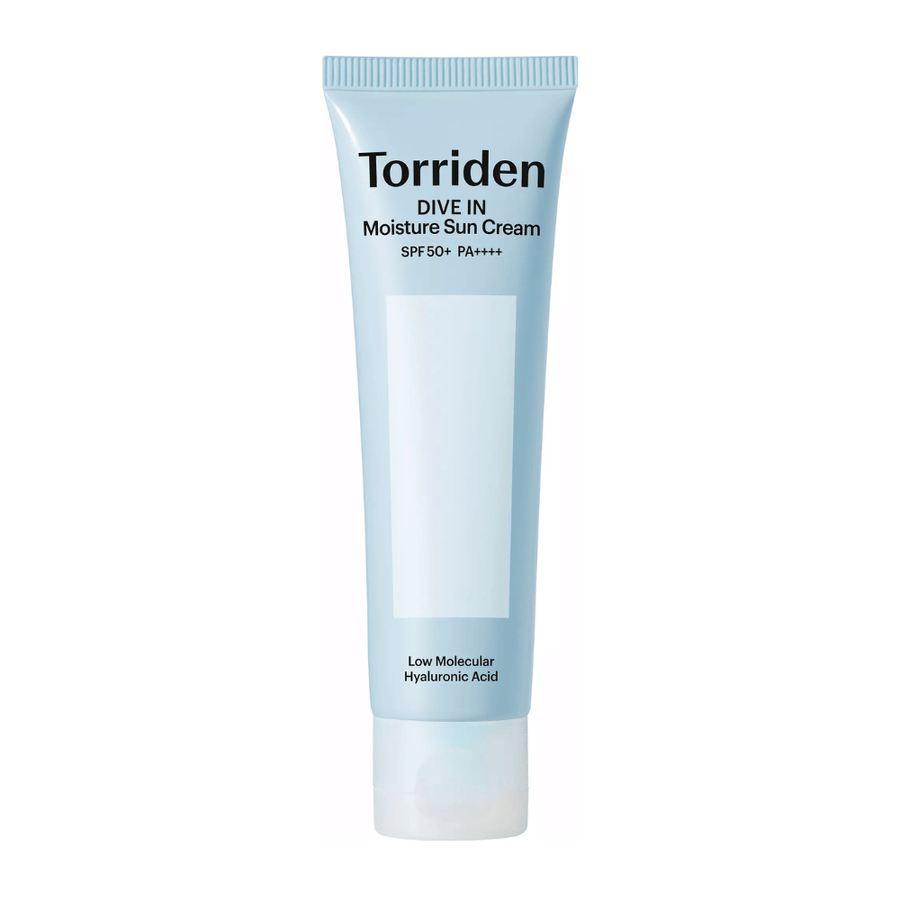 Torriden DIVE-IN Moisture Sun Cream SPF50+ PA++++ slika izdelka na belem ozadju z nizkomolekularno hialuronsko kislino za intenzivno vlaženje in UV-zaščito.