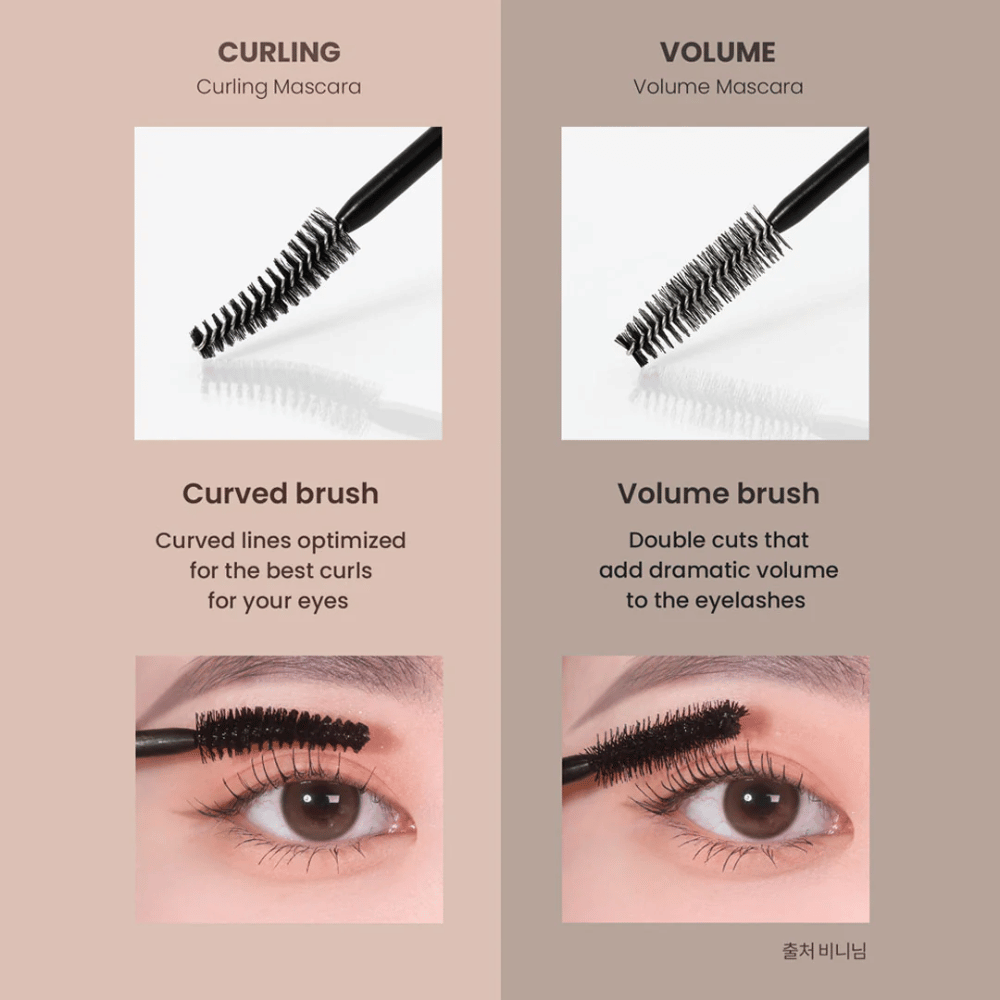 Primerjava med Heimish Dailism Smudge Stop Mascara Kodranje in Volumen, ki prikazuje razliko med ukrivljenimi trepalnicami in intenzivnim volumnom.