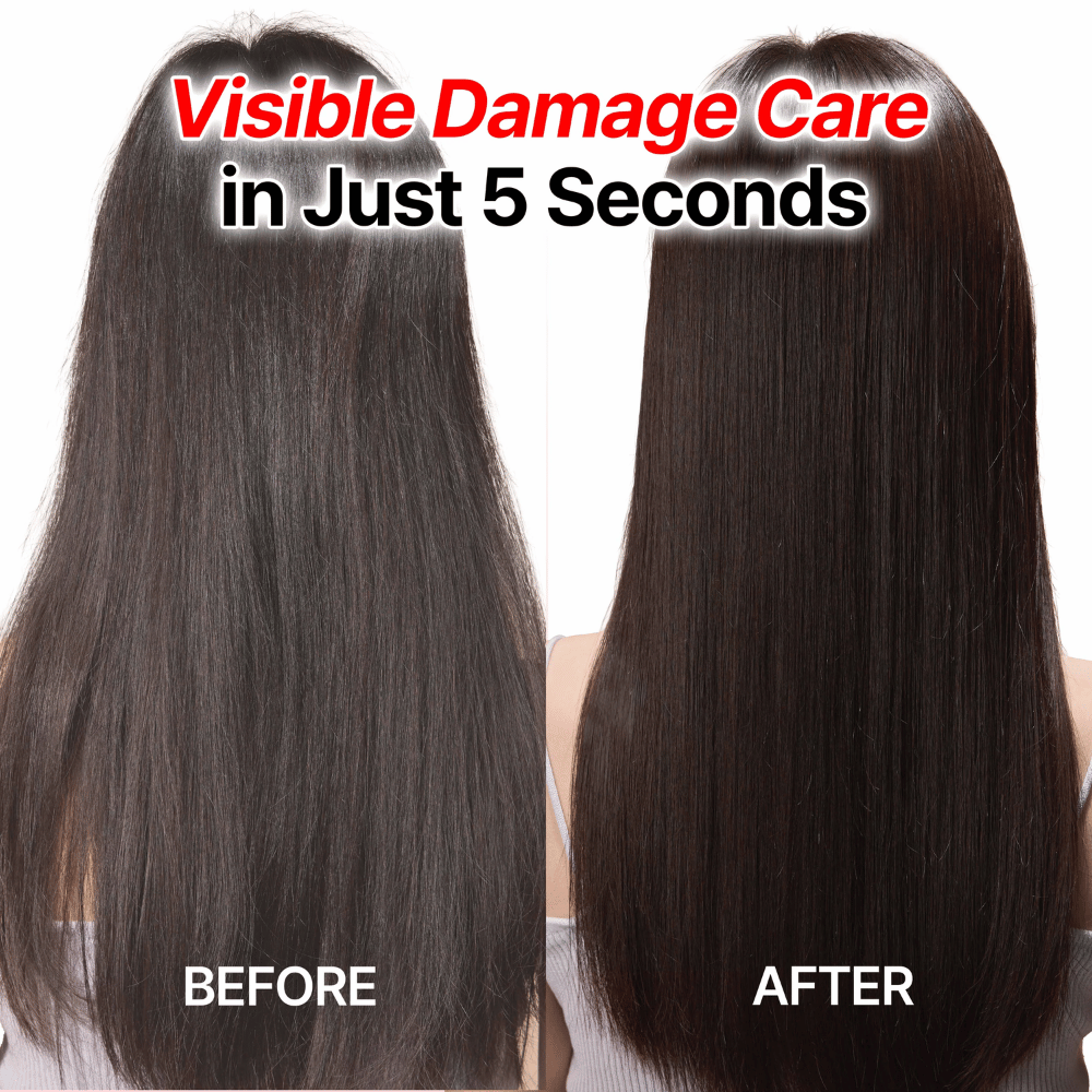 Rezultati pred in po uporabi GROWUS Damage Therapy Shampoo EX za bolj gladke in bolj zdrave lase