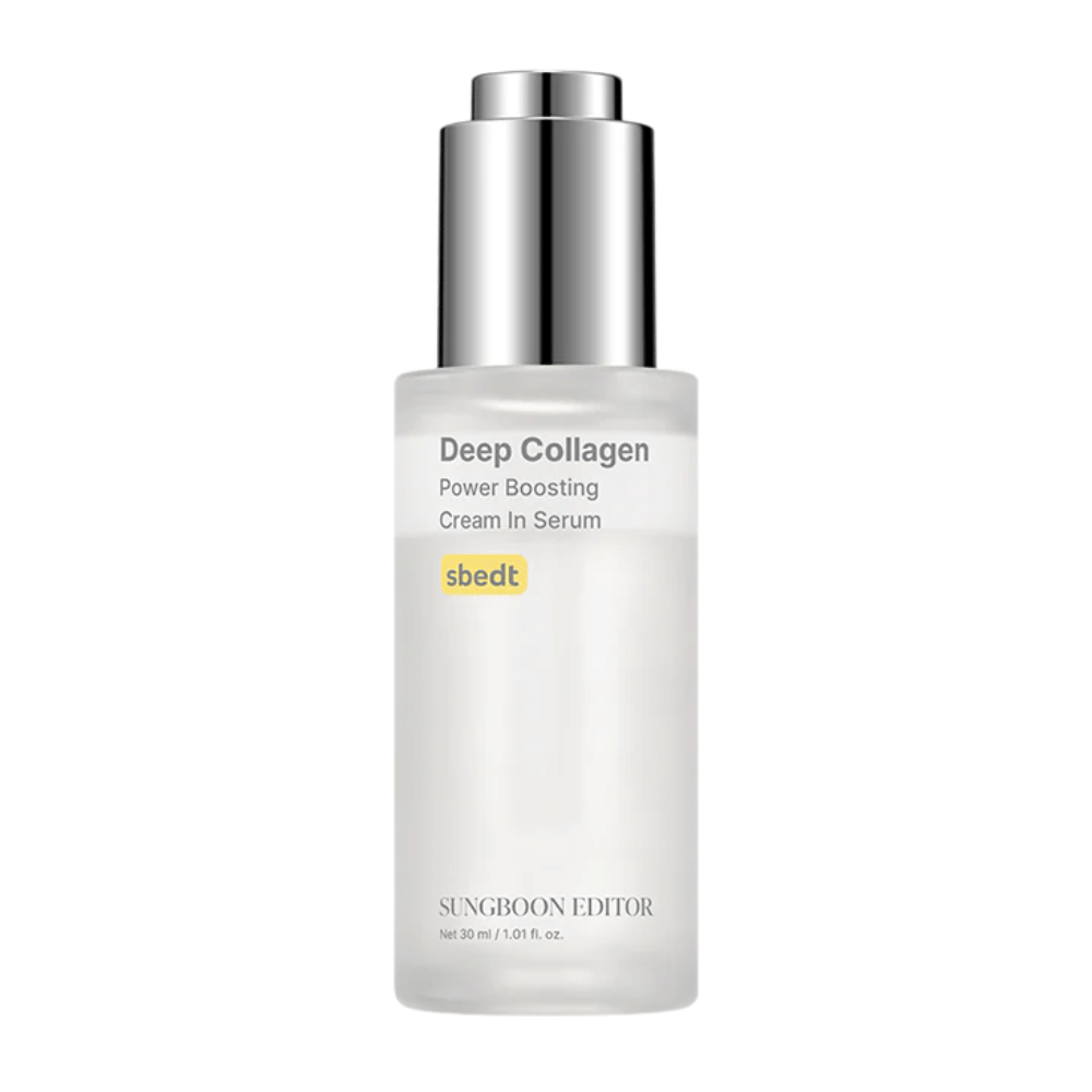 Deep Collagen Power Boosting Cream in Serum v elegantni prozorni steklenički s srebrnim pokrovčkom. Kolagensko bogat izdelek, ki daje polnejšo kožo.