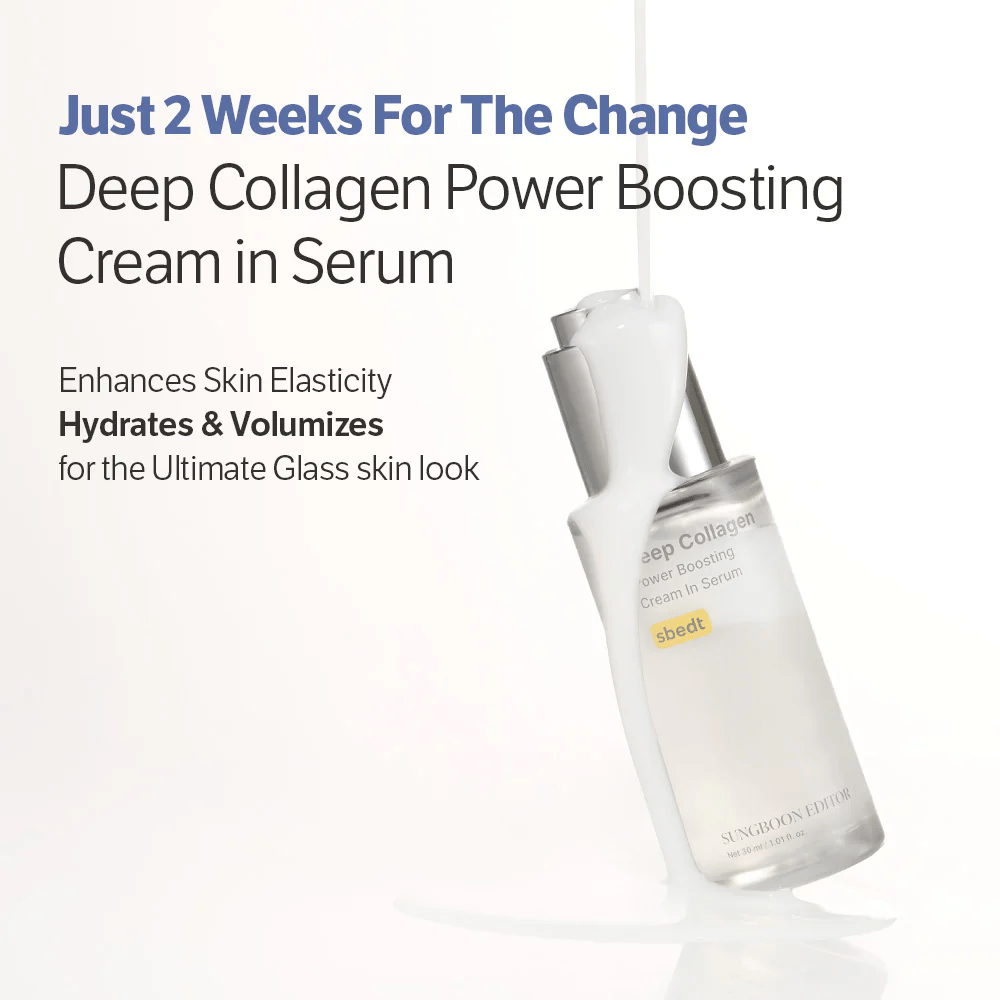 Sungboon Editor Deep Collagen Power Boosting Cream in Serum prekrit s tekočo kremo. Izdelek, ki vlaži, krepi elastičnost in daje sijočo kožo.