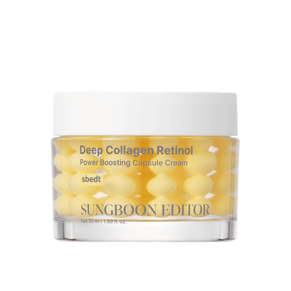 Sungboon Editor Deep Collagen Retinol Capsule Cream v steklenici z rumenimi kapsulami. Močna krema proti staranju z retinolom in kolagenom.
