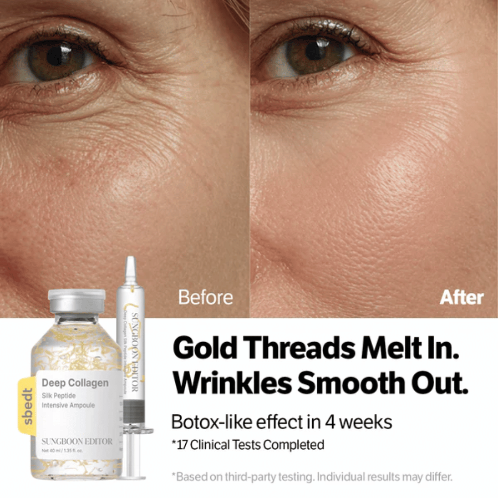 SUNGBOON EDITOR Deep Collagen Silk Peptide Intensive Ampoule – serum s peptidi, ki pomagajo zmanjšati gube in izboljšati elastičnost kože za bolj gladek rezultat.