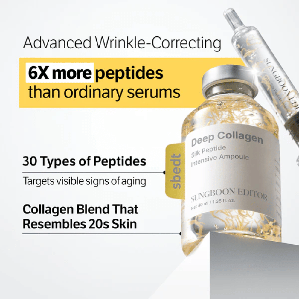 SUNGBOON EDITOR Deep Collagen Silk Peptide Intensive Ampoule – napredni serum s kolagenom in peptidi, ki pomagajo izboljšati čvrstost kože in zmanjšati vidne znake staranja.