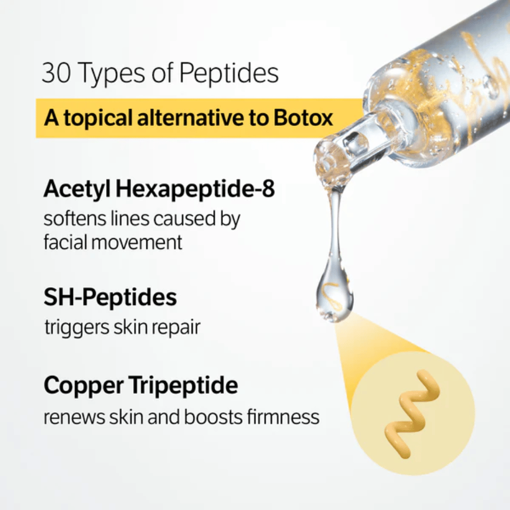 SUNGBOON EDITOR Deep Collagen Silk Peptide Intensive Ampoule z 30 vrstami peptidov, ki pomagajo zmanjšati drobne linije, okrepiti kožo in izboljšati strukturo kože.