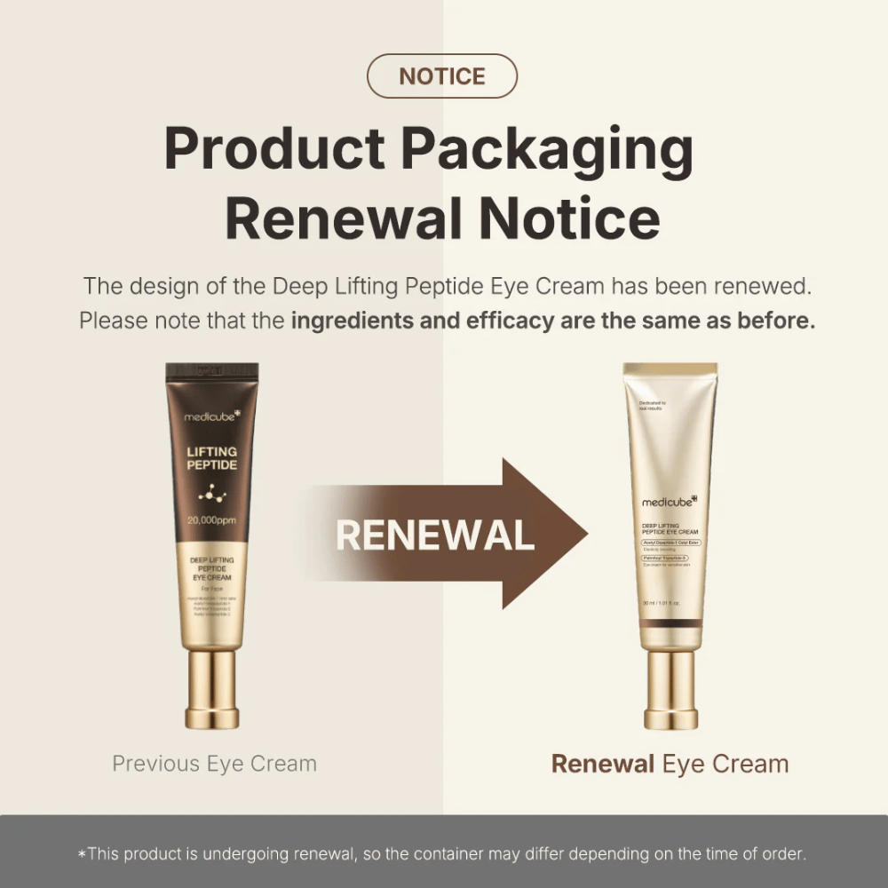 Medicube Deep Lifting Peptide Eye Cream – nova embalaža, ista učinkovita peptidna formula, ki dviguje in učvrsti kožo okoli oči.