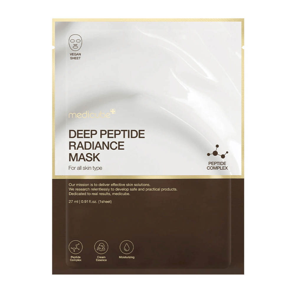 Sprednja stran Medicube Deep Peptide Radiance Mask, veganska sheet maska s peptidnim kompleksom za vlaženje in sijaj.