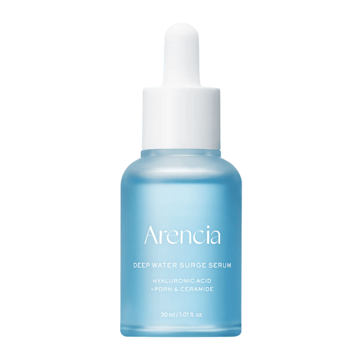 Arencia Deep Water Surge Serum 30 ml na beli podlagi – vlažilni serum s hialuronsko kislino, PDRN in ceramidi za občutljivo, suho in dehidrirano kožo.