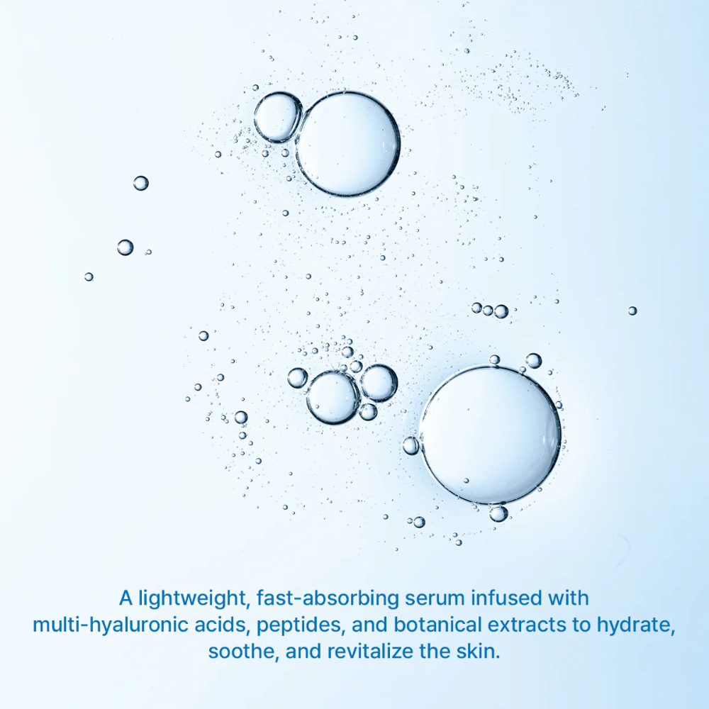 Ilustracija vodnih mehurčkov, ki simbolizirajo intenzivno vlaženje iz Arencia Deep Water Surge Serum z multi-hialuronsko kislino in hitro vpojno formulo.