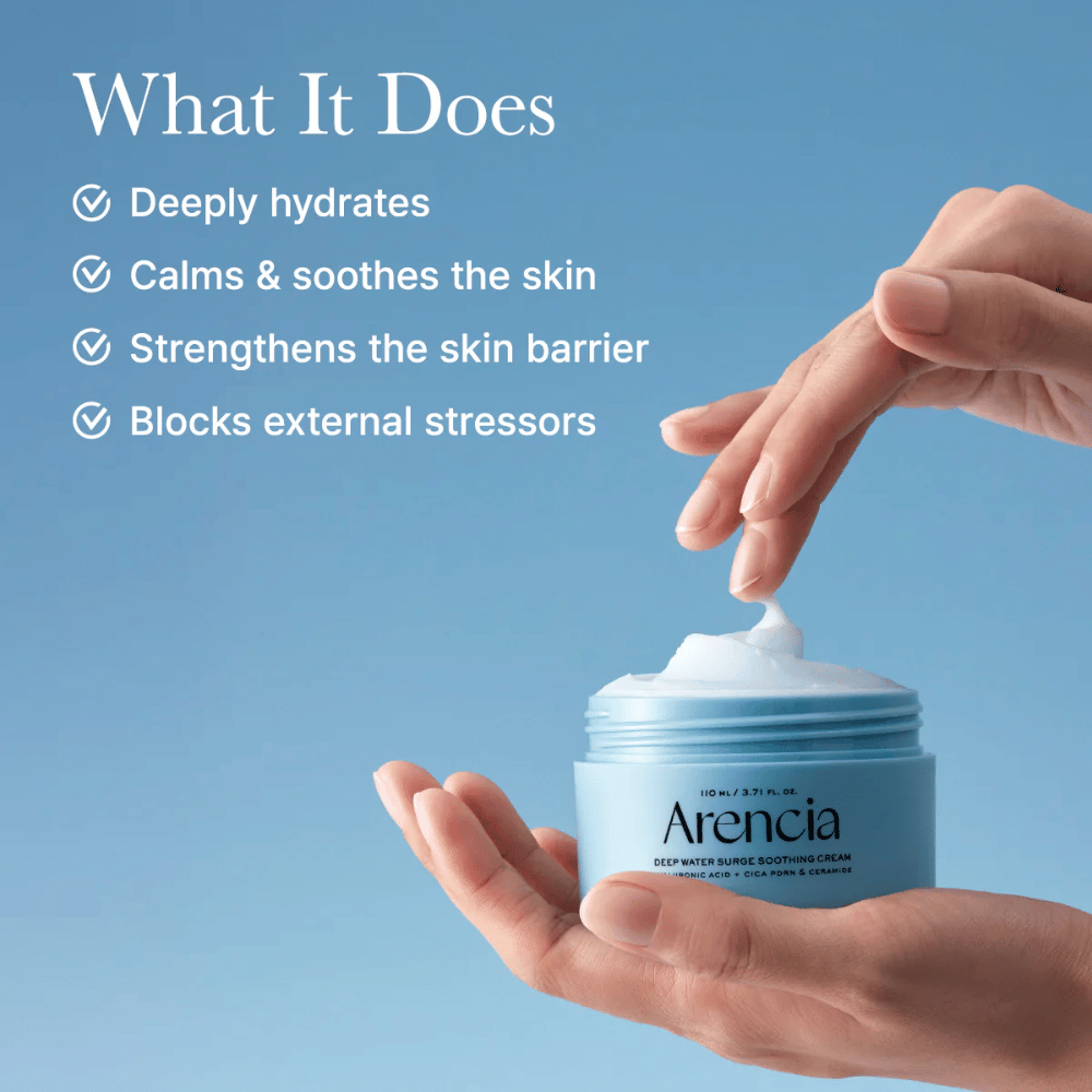 Nanos Arencia Deep Water Surge Soothing Cream – lahka gel krema s hialuronsko kislino in ceramidi, ki se hitro vpije brez občutka lepljivosti.