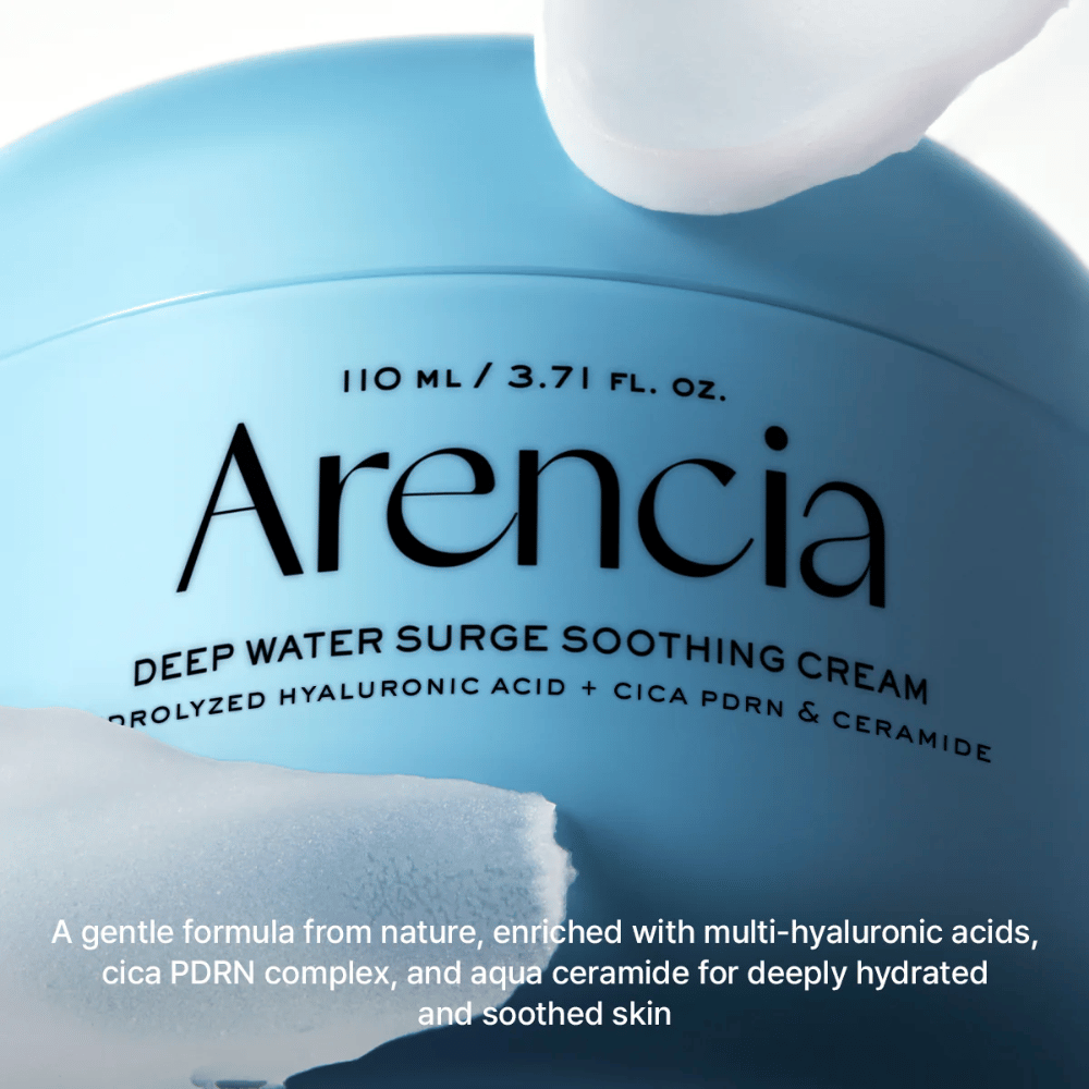 Arencia Deep Water Surge Soothing Cream s hialuronsko kislino, Cica PDRN in ceramidi – pomirjujoča krema za obraz, ki globinsko vlaži in krepi kožno pregrado za občutljivo in suho kožo.