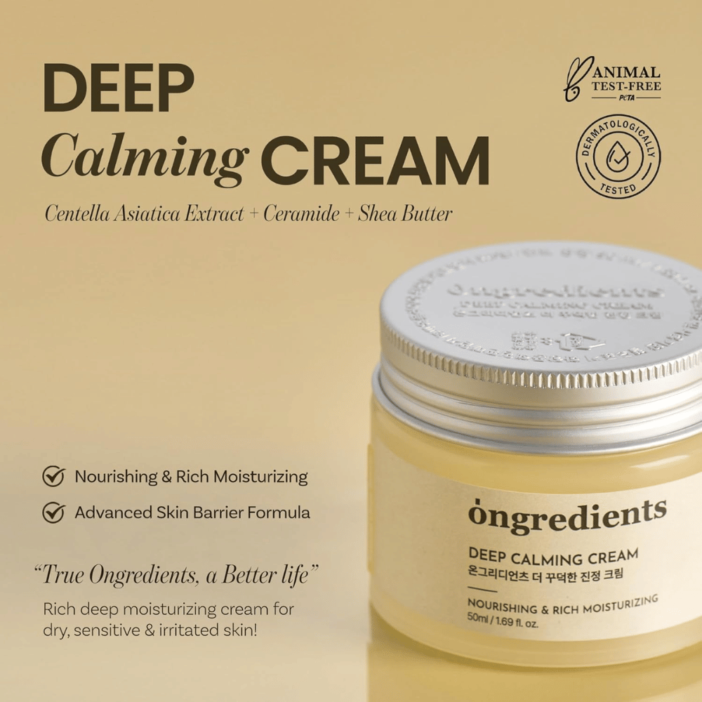 Ongredients Deep Calming Cream – dermatološko testirana, cruelty-free krema za obraz za suho, občutljivo in razdraženo kožo.