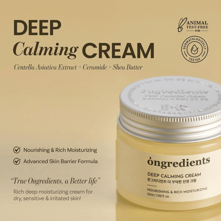 Ongredients Deep Calming Cream – dermatološko testirana, cruelty-free krema za obraz za suho, občutljivo in razdraženo kožo.