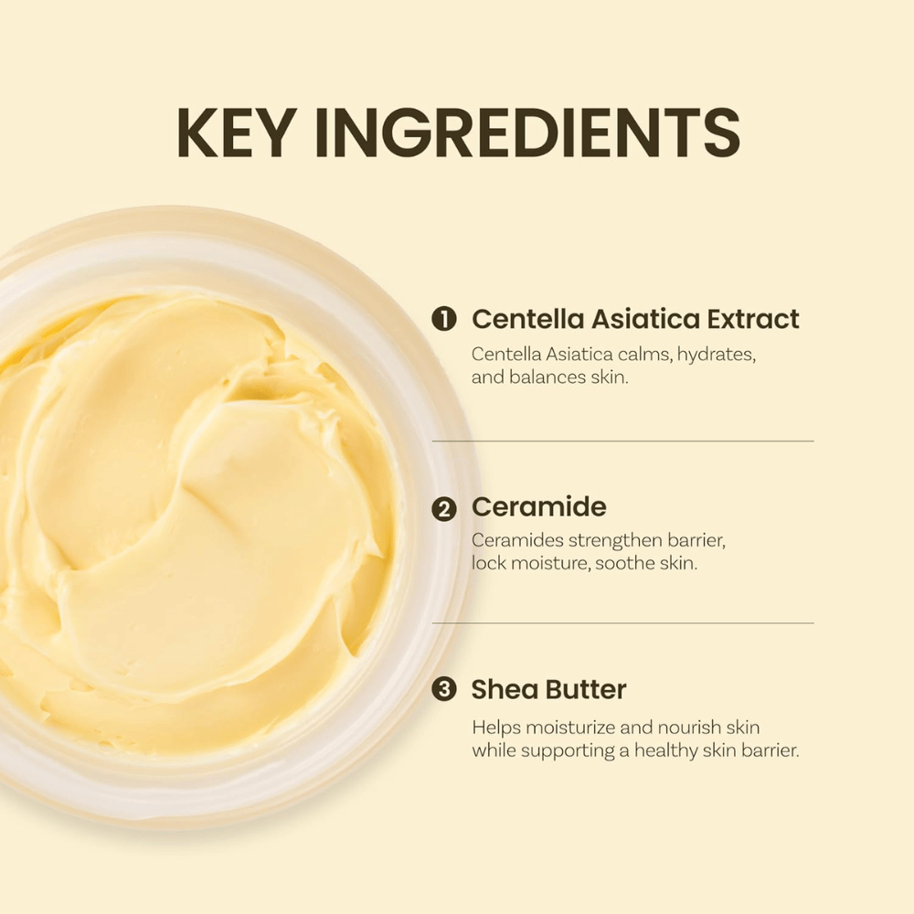 Ključne sestavine v Ongredients Deep Calming Cream: Centella Asiatica, ceramidi in karitejevo maslo, ki vlažijo in uravnavajo kožo.