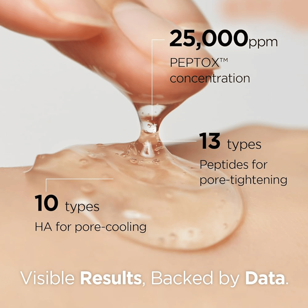 Povečava gelu podobnega Porexsome V.Peptox Jelly Toner, ki se nanese na kožo. Besedilo prikazuje 25.000 ppm Peptox™, 13 peptidov in 10 vrst hialuronske kisline.