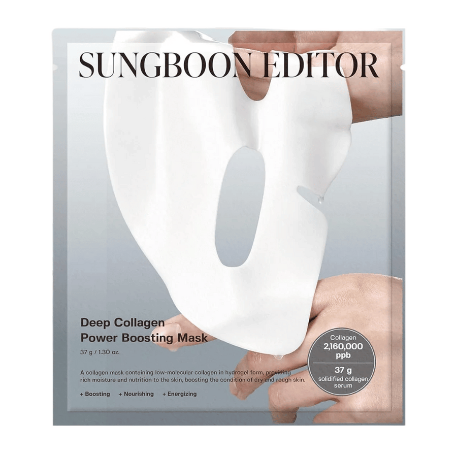 Sungboon Editor Deep Collagen Power Boosting Mask 37 g, kolagenska maska v srebrni embalaži, ki vlaži, krepi in neguje kožo.