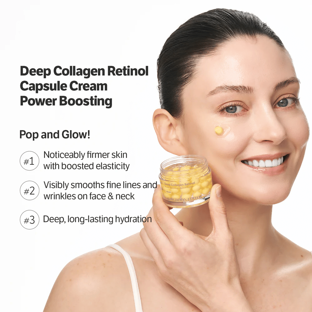 Nasmejana oseba nanaša Sungboon Editor Deep Collagen Retinol Capsule Cream na lice. Krema, ki zateguje kožo in gladi linije.