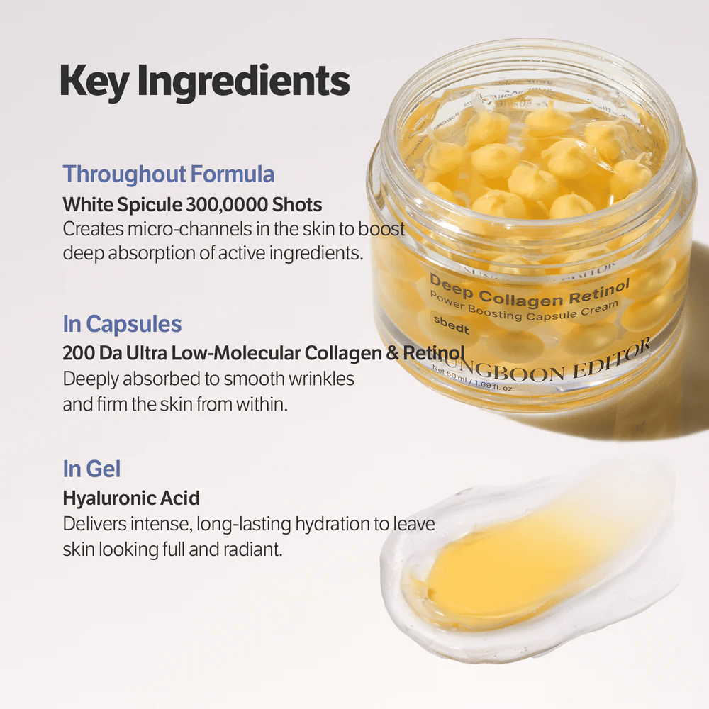 Približan posnetek Sungboon Editor Deep Collagen Retinol Capsule Cream z besedilom o ključnih sestavinah, kot so retinol, kolagen in hialuronska kislina za čvrstost in vlago.