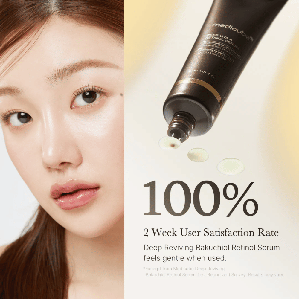 Reklamna slika za Medicube Deep Vita A Retinol Serum s približanim posnetkom ženske, tubo izdelka in besedilom, ki prikazuje 100% zadovoljstvo uporabnikov po dveh tednih.