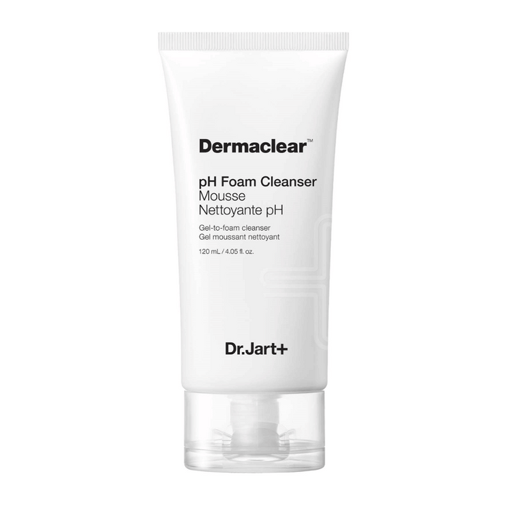 Bela tuba Dr.Jart+ Dermaclear pH Foam Cleanser s črnim besedilom, stoječa pokonci na beli podlagi.