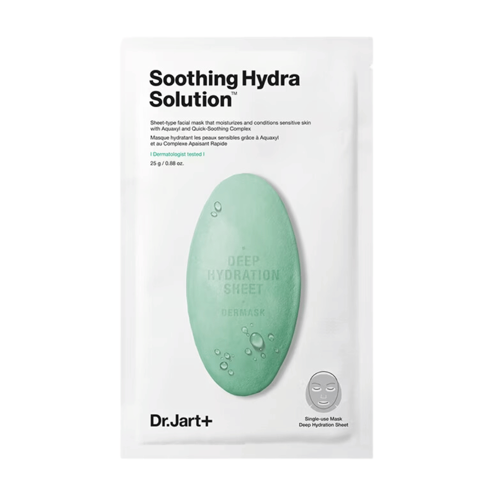 Eno pakiranje Dr.Jart+'s "Soothing Hydra Solution" globoko vlažilne obrazne maske, z zeleno obliko kapljice vode na beli podlagi. Maska je enkratna uporaba, namenjena za globoko vlaženje.