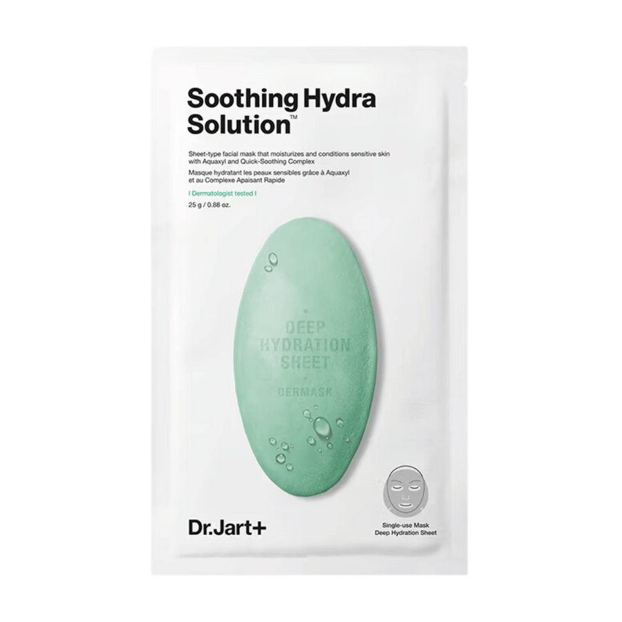 Eno pakiranje Dr.Jart+'s "Soothing Hydra Solution" globoko vlažilne obrazne maske, z zeleno obliko kapljice vode na beli podlagi. Maska je enkratna uporaba, namenjena za globoko vlaženje.