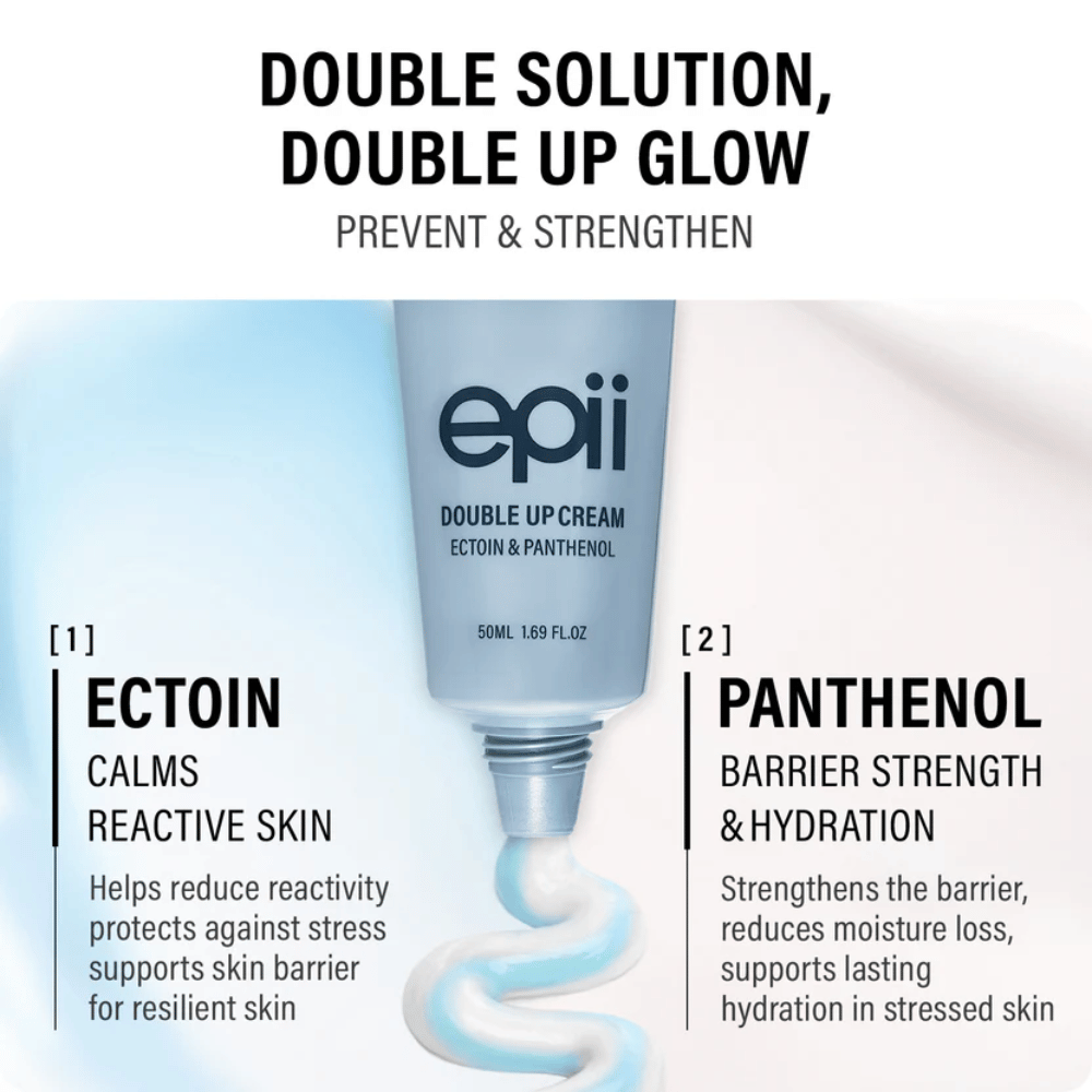 EPII Double Up Cream z ektoinom in pantenolom – vlažilna krema za obraz, ki pomirja kožo, krepi kožno bariero in zagotavlja dolgotrajno vlaženje.