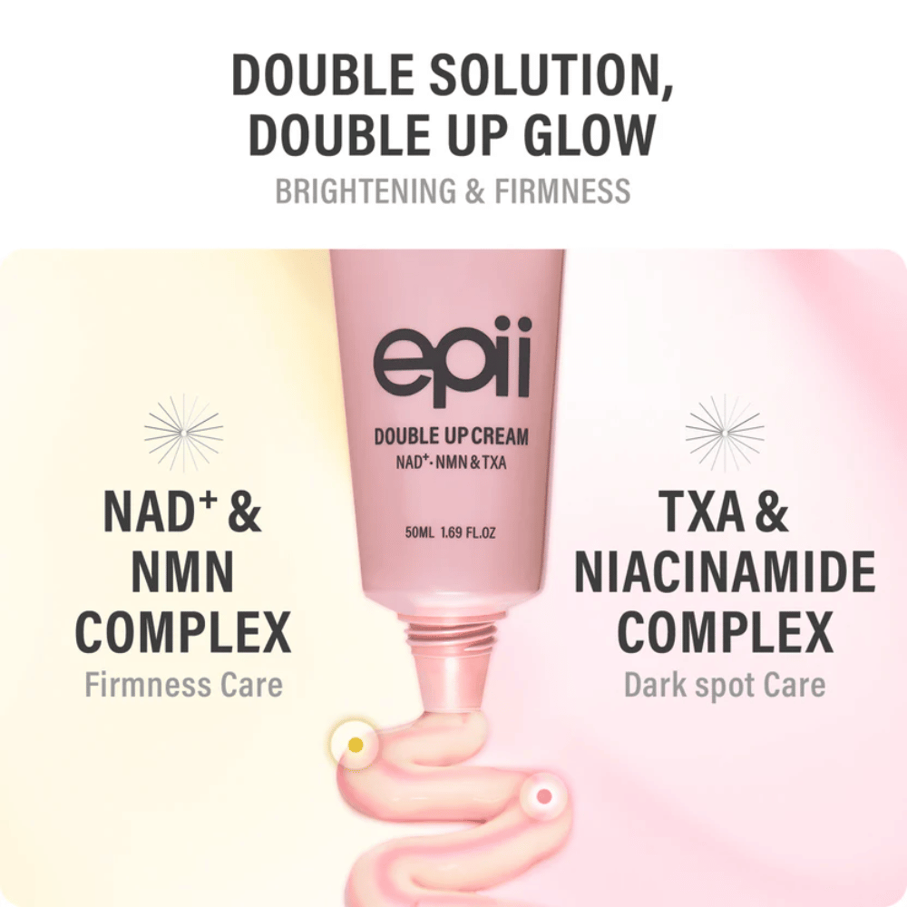 EPII Double Up Cream NAD+, NMN & TXA – krema za obraz z niacinamidom in traneksamsko kislino za enakomeren ton kože, čvrstost in navlaženost.