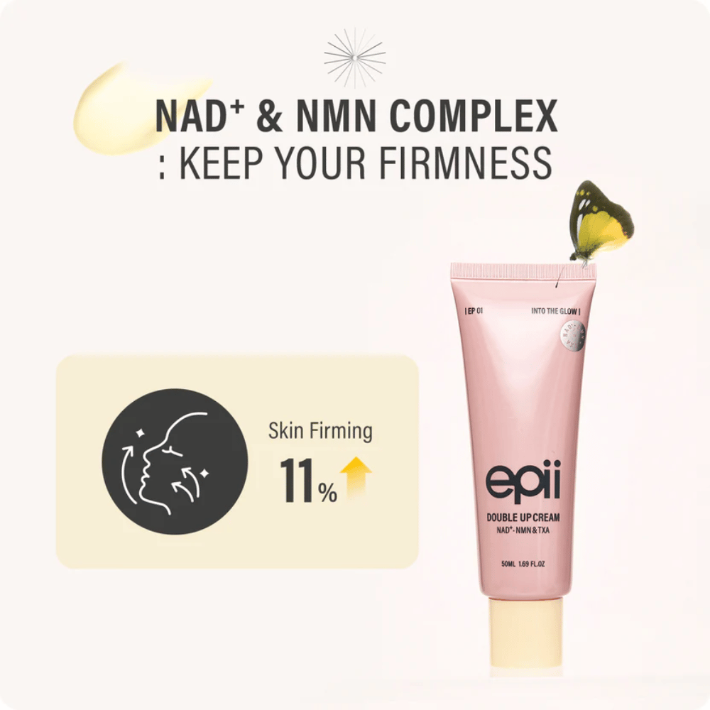 EPII Double Up Cream z NAD+ in NMN, ki prispeva k čvrstejši koži, izboljšani elastičnosti in mladostnemu sijaju.