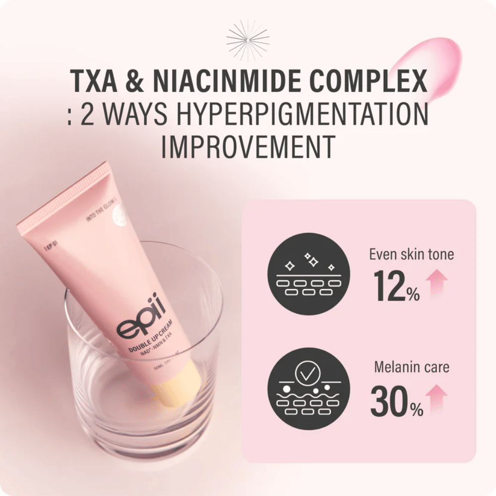 EPII Double Up Cream z NAD+, NMN, traneksamsko kislino in niacinamidom, ki pomaga izenačiti ton kože in zmanjšati vidno pigmentacijo.