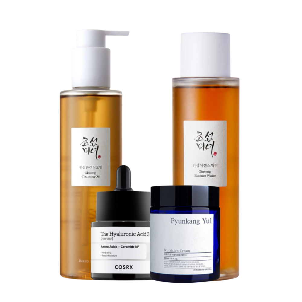 Lepotni izdelki, vključno z ginseng čistilnim oljem, ginseng esenco vode, COSRX hialuronsko kislino serumom in Pyunkang Yul hranilno kremo.