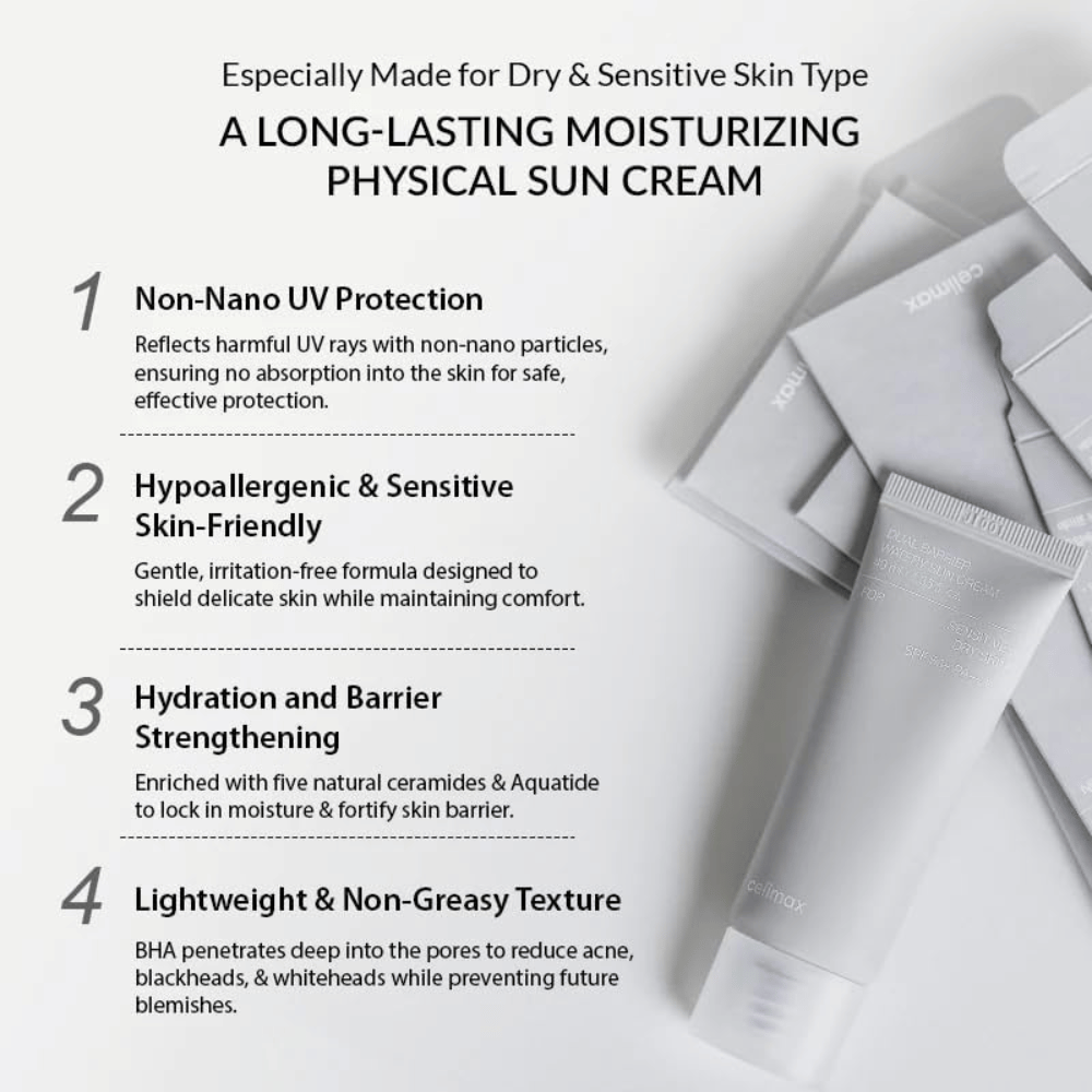 Celimax Dual Barrier Watery Sun Cream SPF50+ PA++++ s fizikalnim UV-filtrom, petimi ceramidi in Aquatide, ki vlaži in krepi kožno bariero.