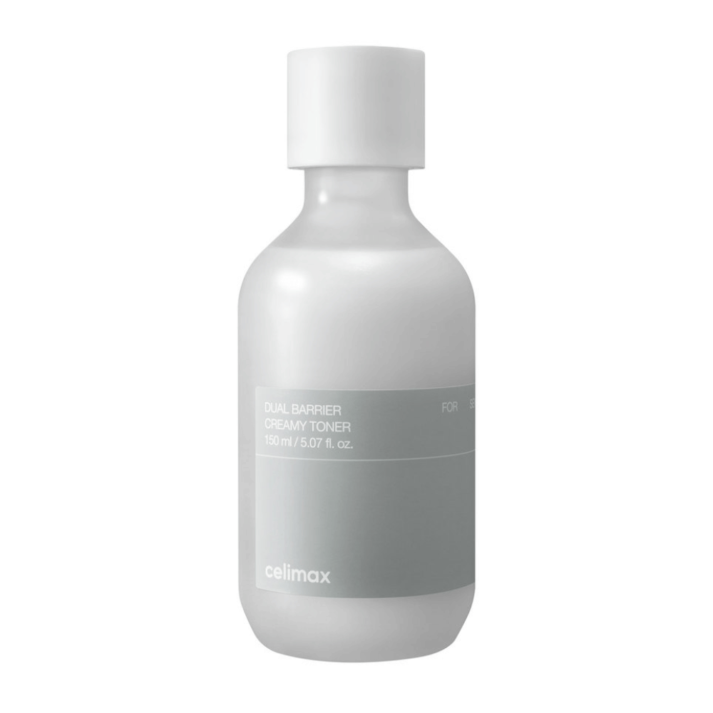 Bela steklenica s sivo etiketo za Celimax Dual Barrier Creamy Toner – vlažilni toner z blago formulo, posebej zasnovan za občutljivo in suho kožo.
