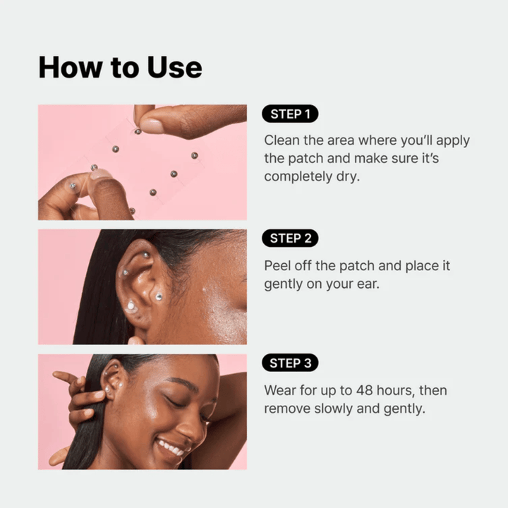 Vodnik po korakih, ki prikazuje, kako se RETURNITY Ear Therapy Acupressure Patch namesti na uho. Obliži se namestijo na izbrane točke in se lahko nosijo do 48 ur.